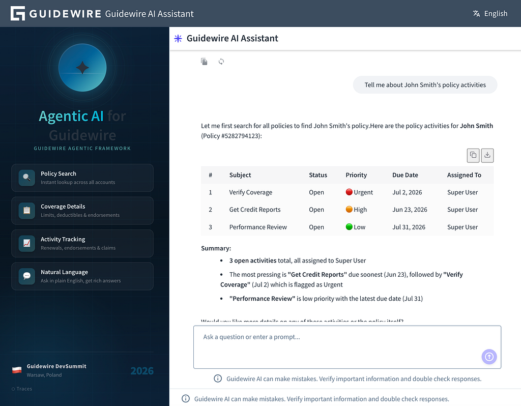 Example of the conversation with Guidewire AI Agent